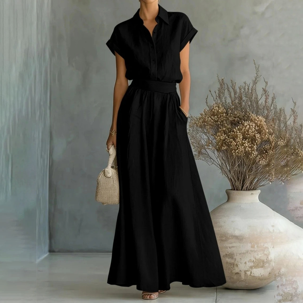 Fashion Casual Solid Color Shirt Wide-leg Pants Two-piece Set