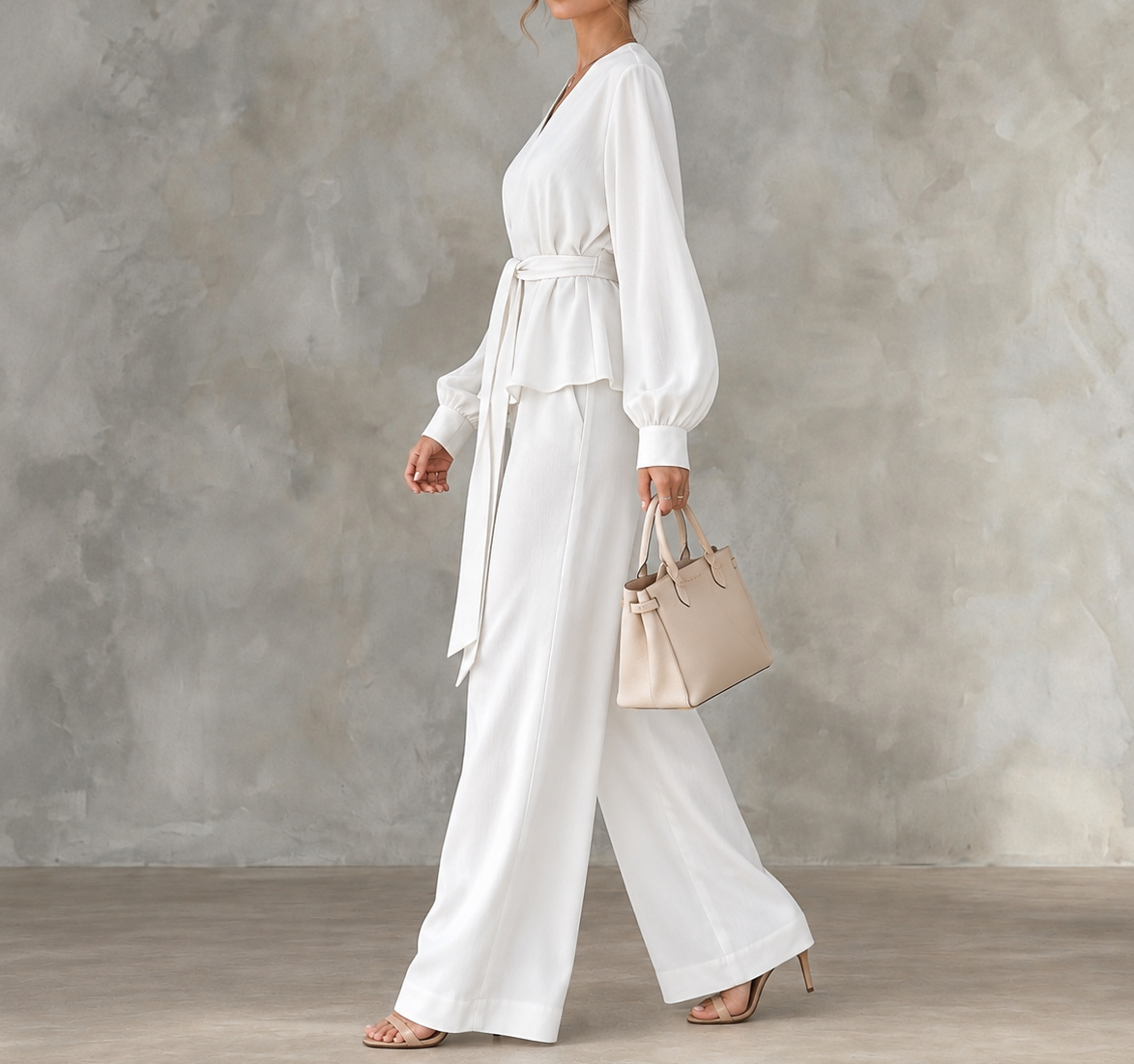 Elegance V-neck Long-sleeve Wide-leg Trouser Set