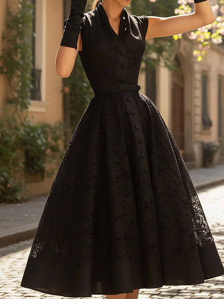 Elegant Lace Patchwork A Line Midi Dress