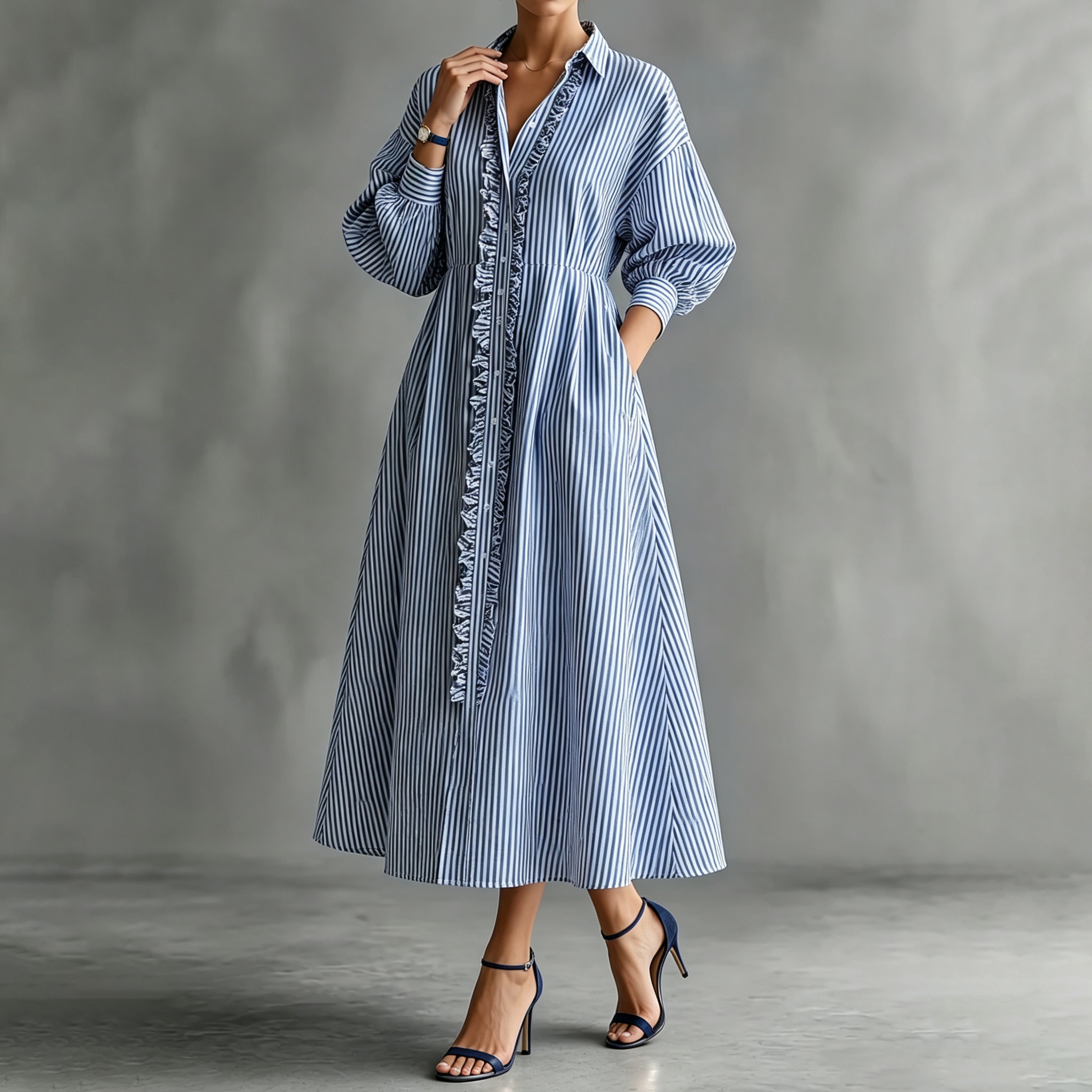 Turn-down Collar Ruffled Trim Striped Lantern Sleeves Maxi Dress