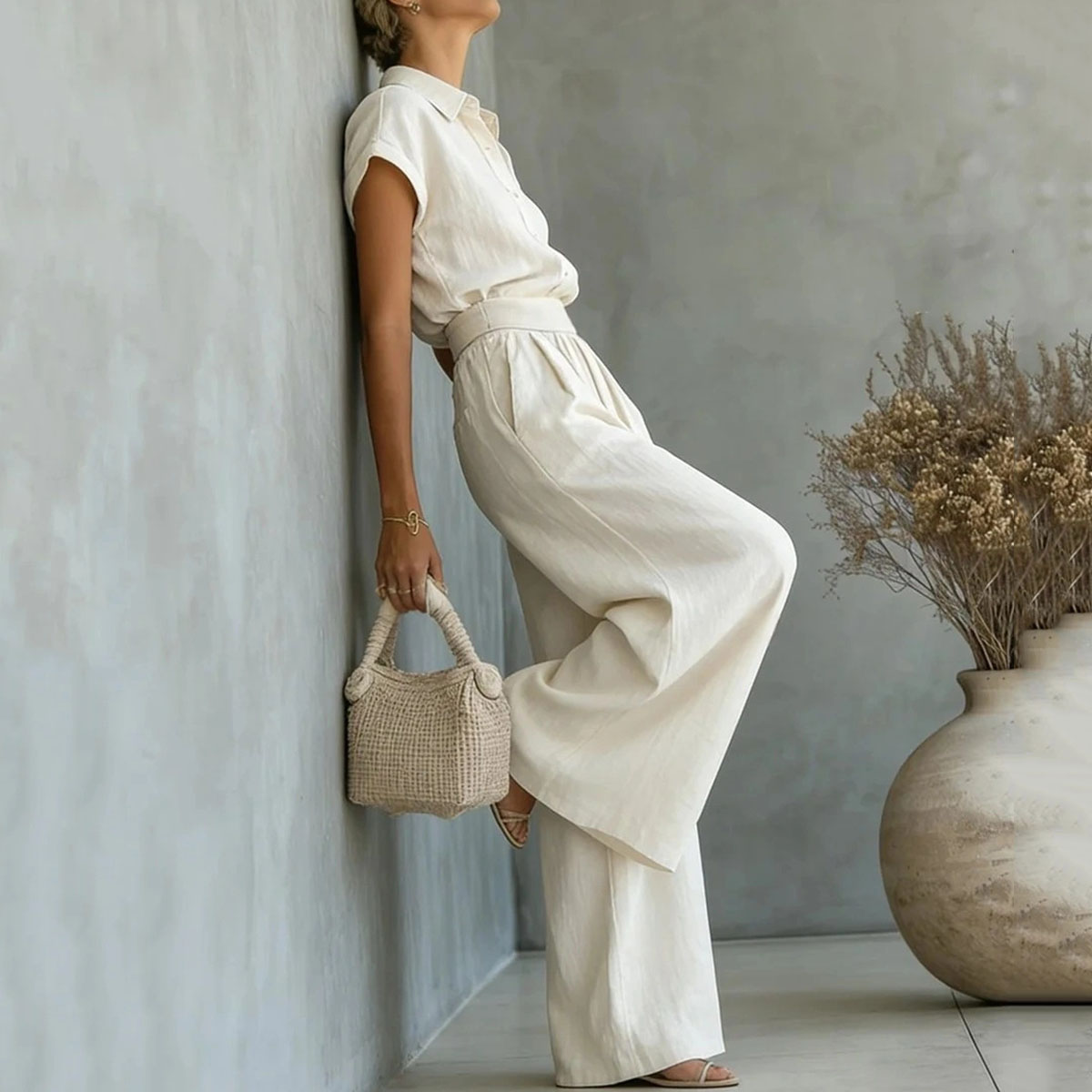 Fashion Casual Solid Color Shirt Wide-leg Pants Two-piece Set