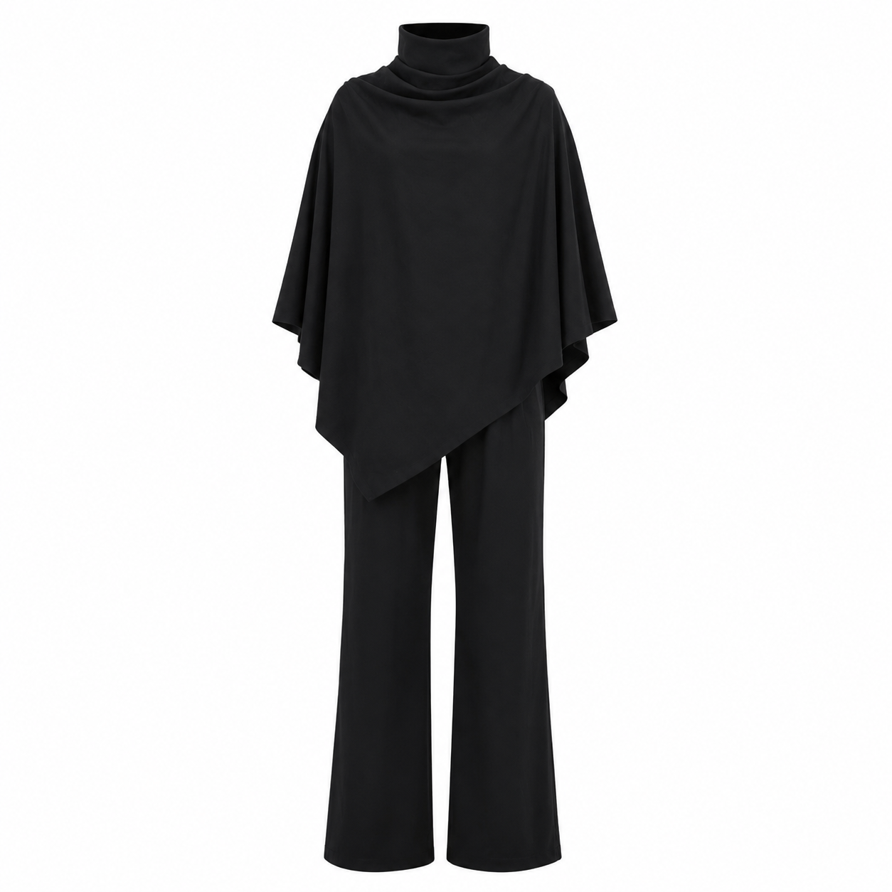 Retro Turtleneck Cape Cloak Top And Wide-leg Pants Two-piece Set