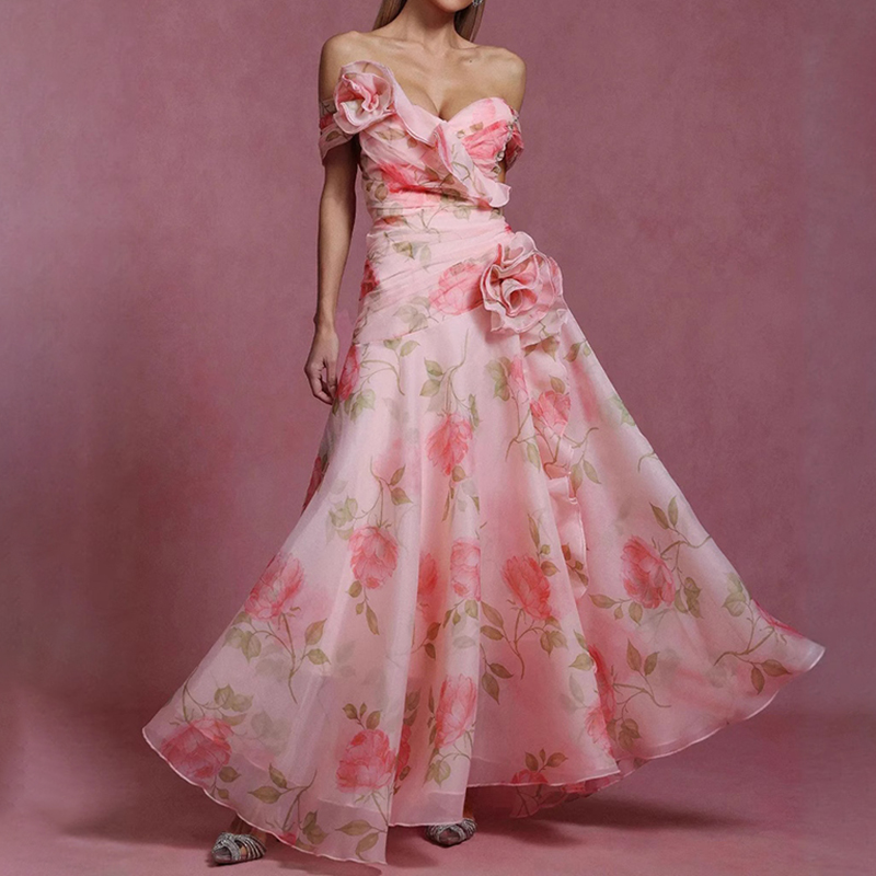 French Retro Floral Waist Casual Printed Off Shoulder Dress