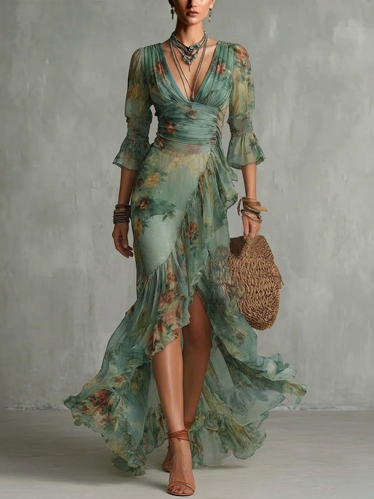 Retro Romantic Floral Wrap Maxi Dress