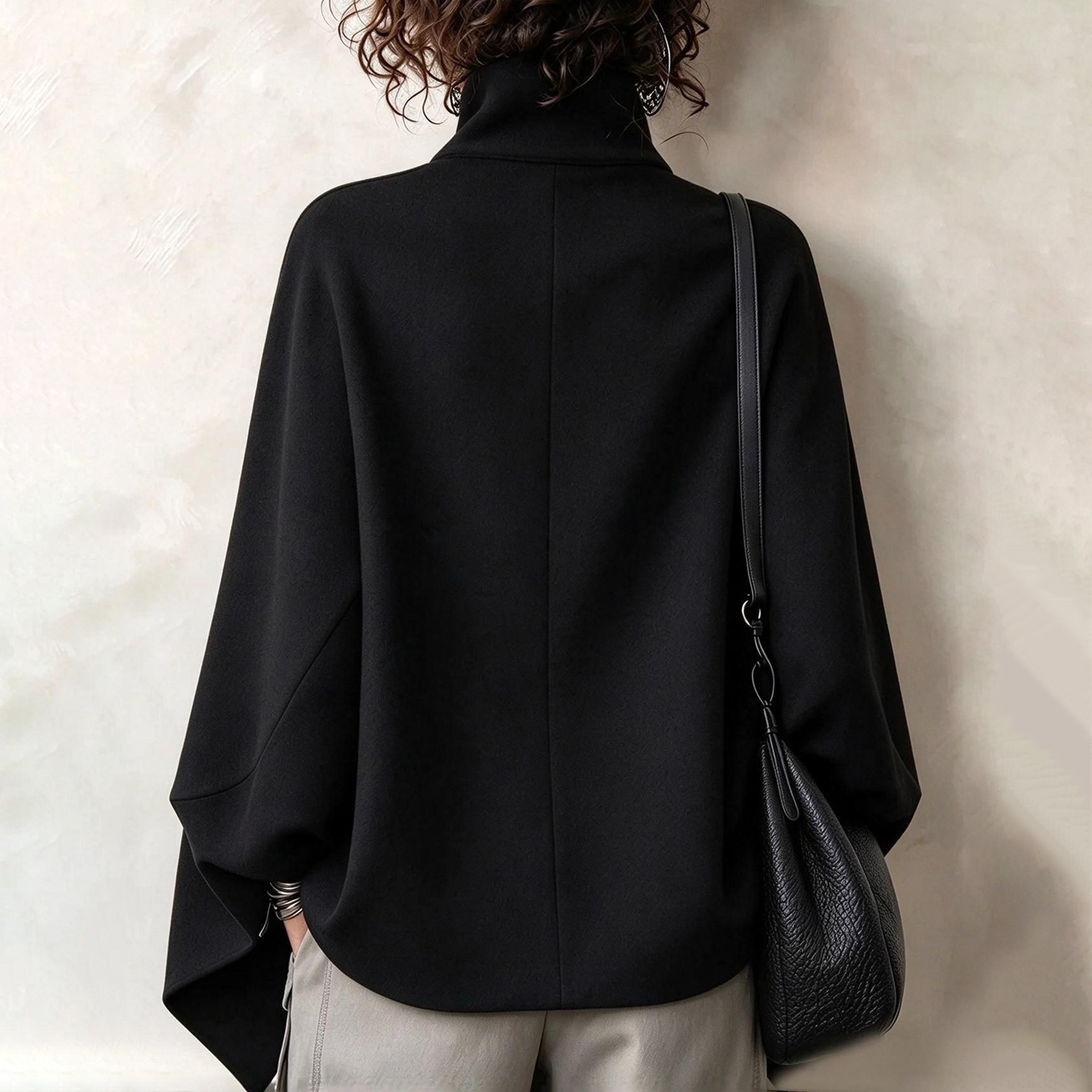 Women's Fall Winter Cozy Stand-collar Stud-embellished Zippered Cape Coat