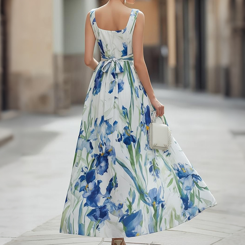 Elegant Watercolor Iris Print Square Neck Maxi Dress