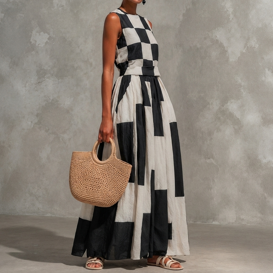 Vacation Checkered Sleeveless Patchwork Maxi Dress