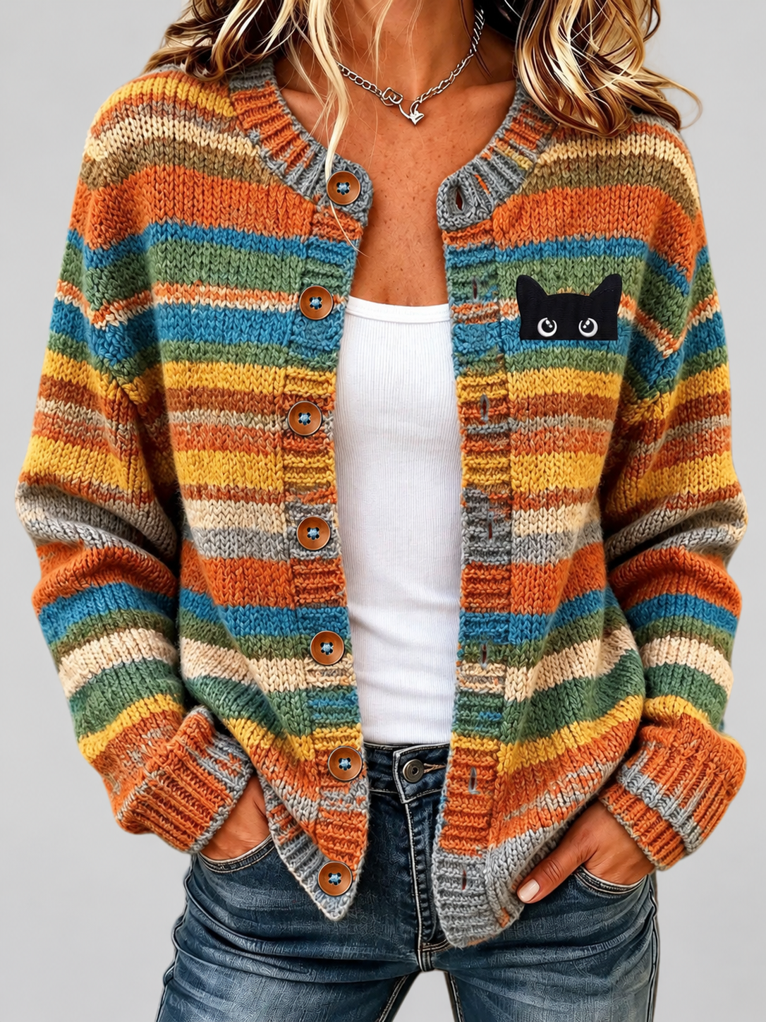 Women's Cute Black Cat Patch Colorful Stripe Relaxed Fit Button Front Knit Cardigan Sweater