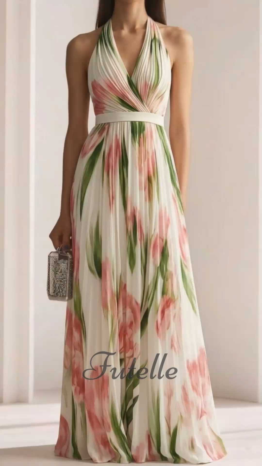 Resort Style V-neck Printed Suspender Maxi Dress