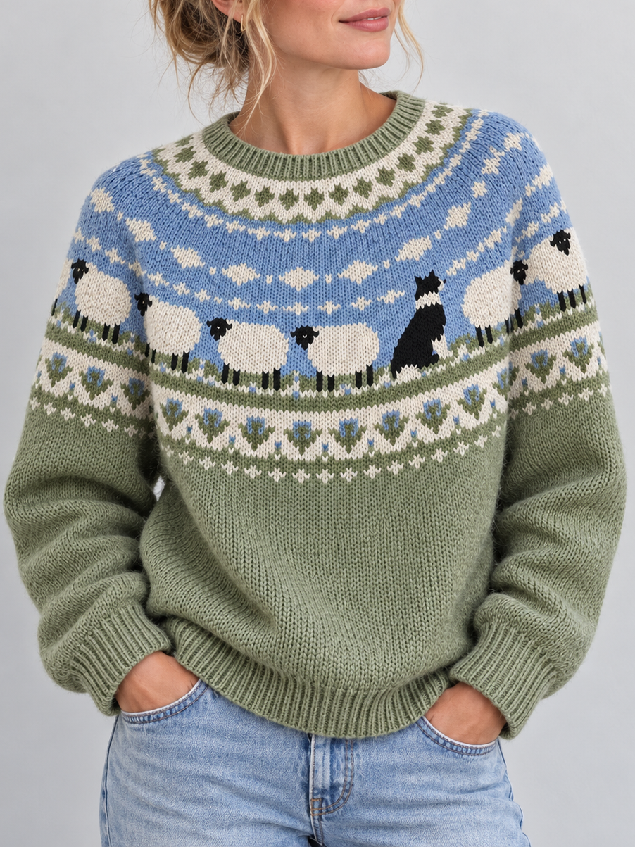 Women's Retro Farm Border Collie With Sheep Patterns Cozy Fair Isle Style Knit Sweater