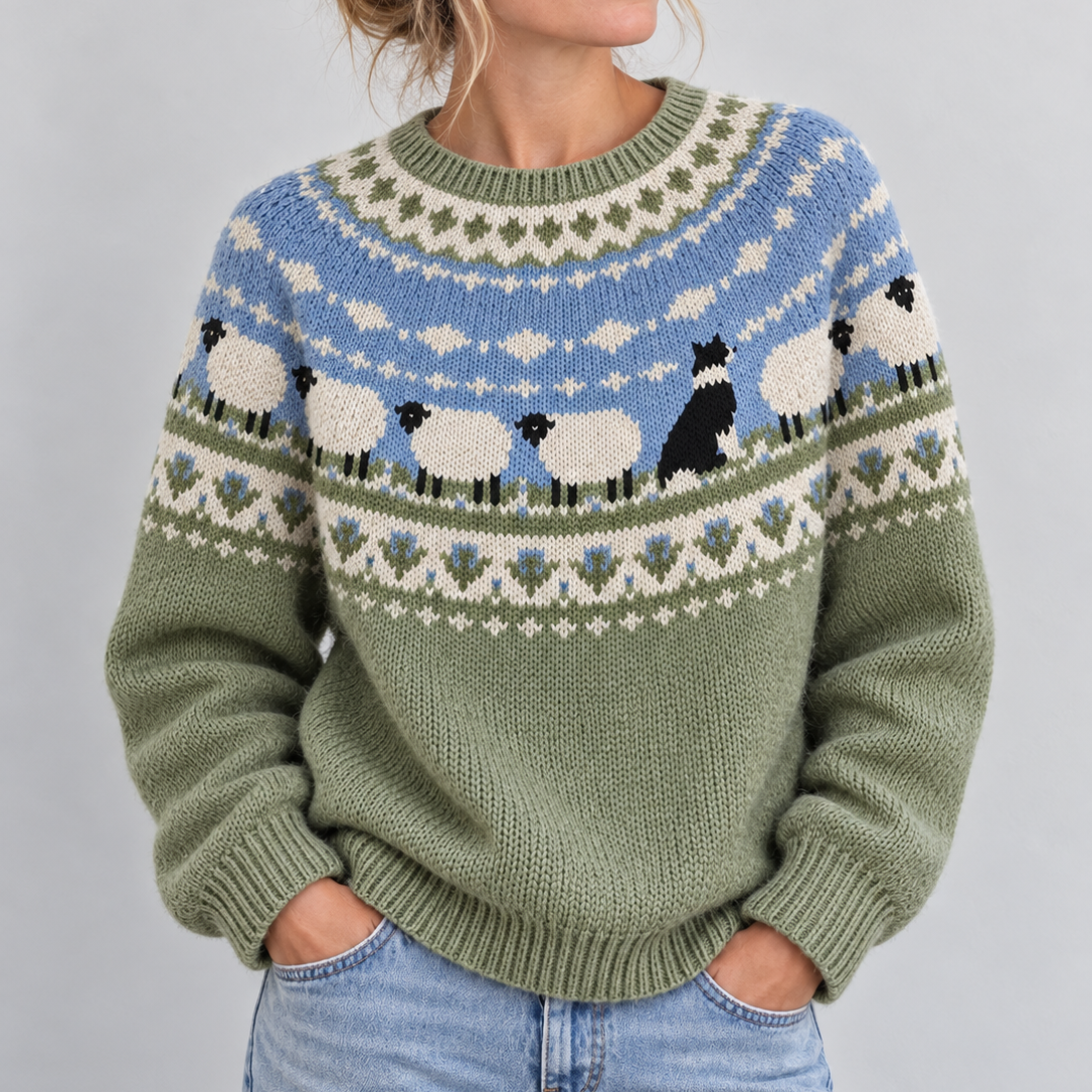 Women's Retro Farm Border Collie With Sheep Patterns Cozy Fair Isle Style Knit Sweater