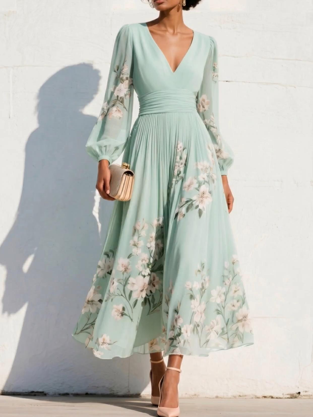 Elegant Floral Print Long-sleeved V-neck Pleated Dress