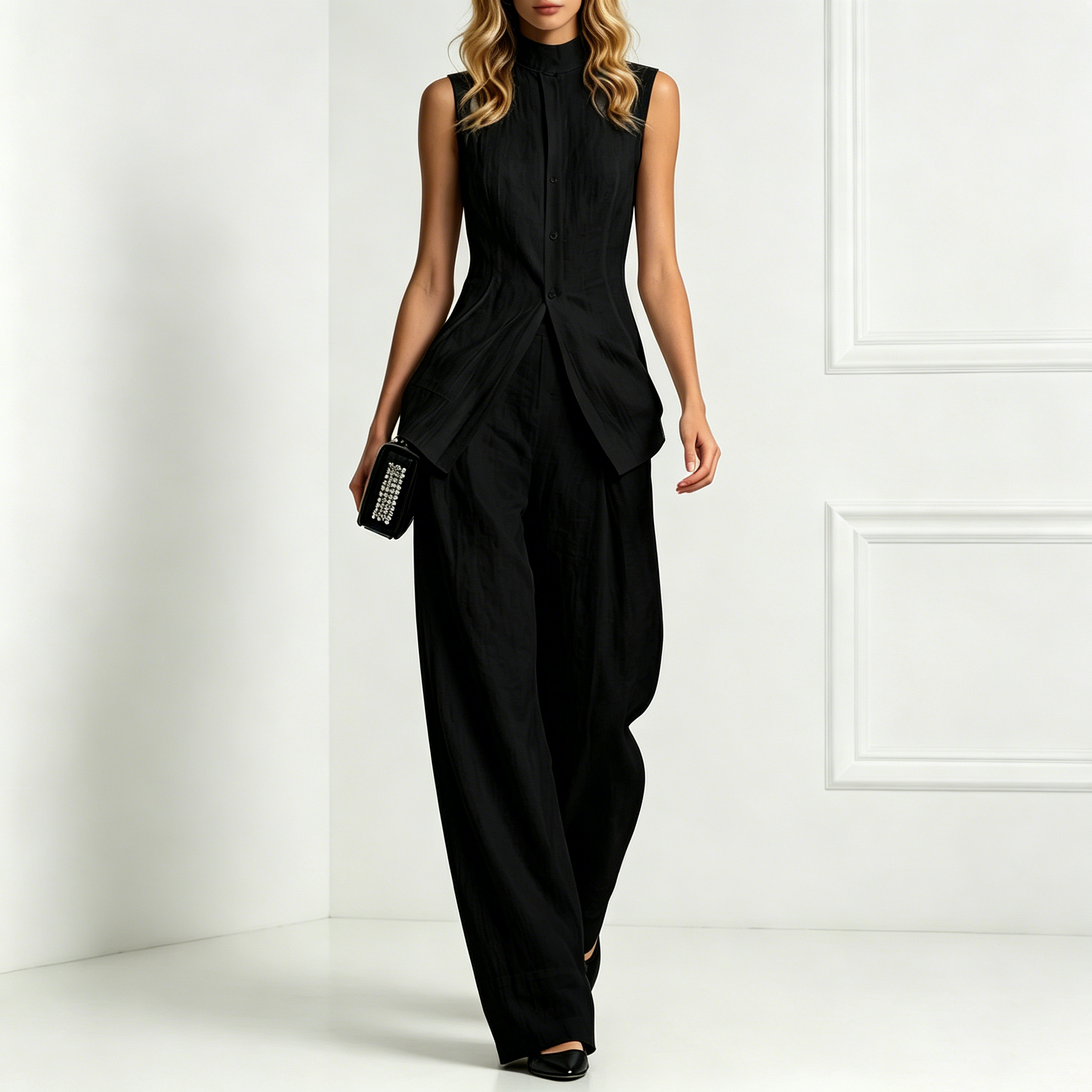 Fashion Elegant Solid Color Sleeveless Cotton Linen Shirt And Trousers Set