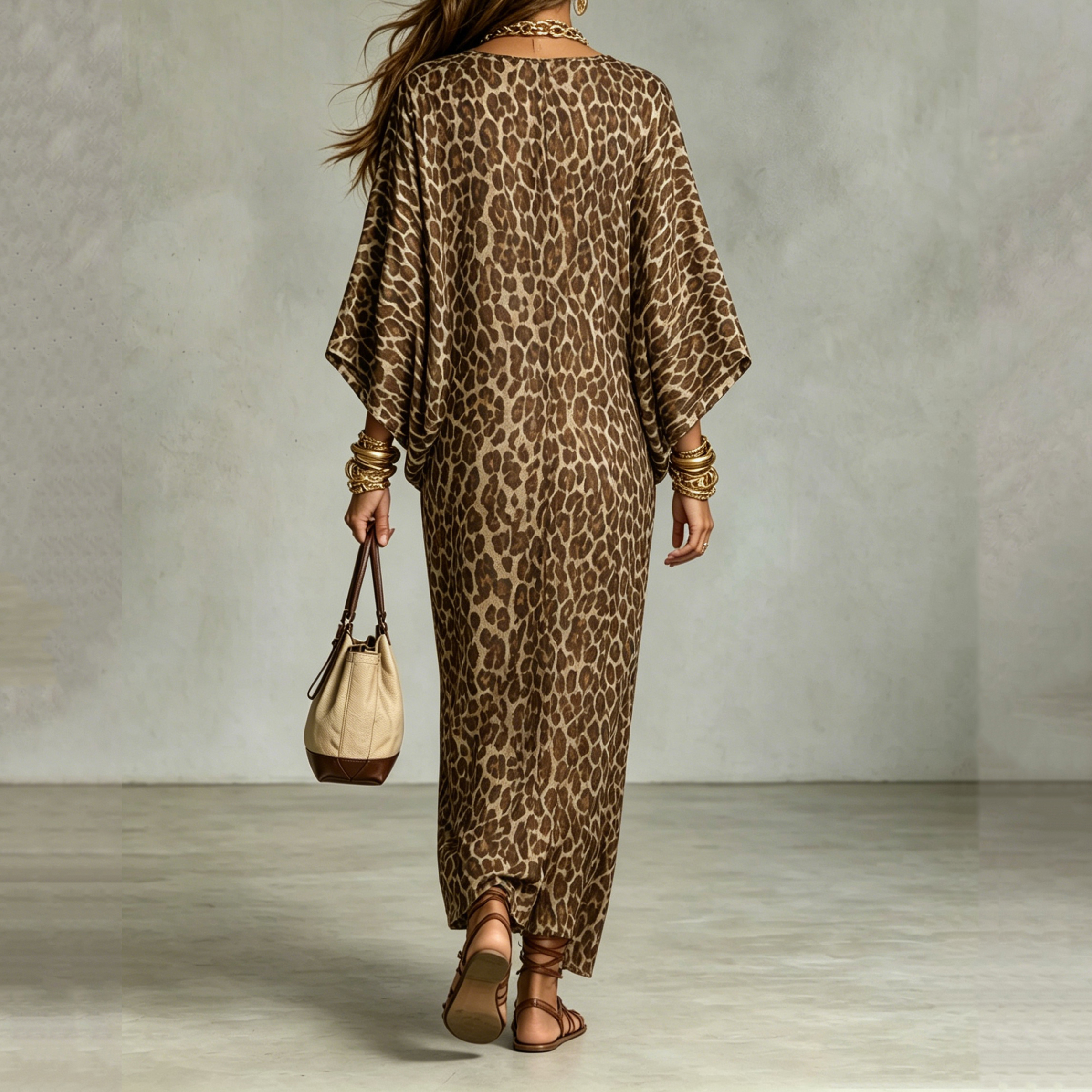 Vacation V-neck  Leopard Print Waist Beach Maxi Dress
