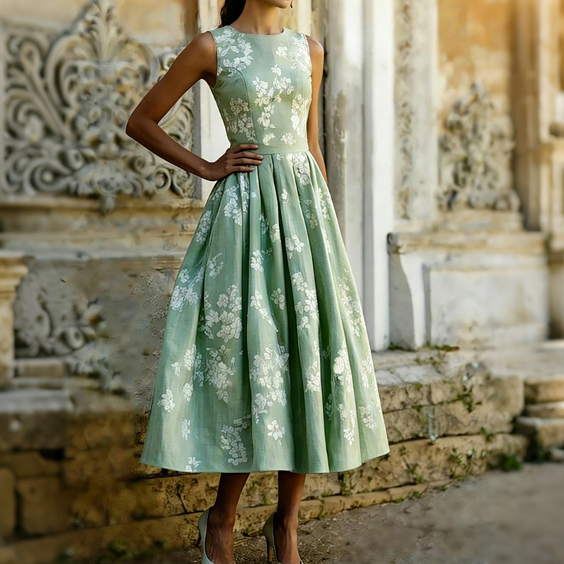French Elegant Sleeveless Floral A-line Dress