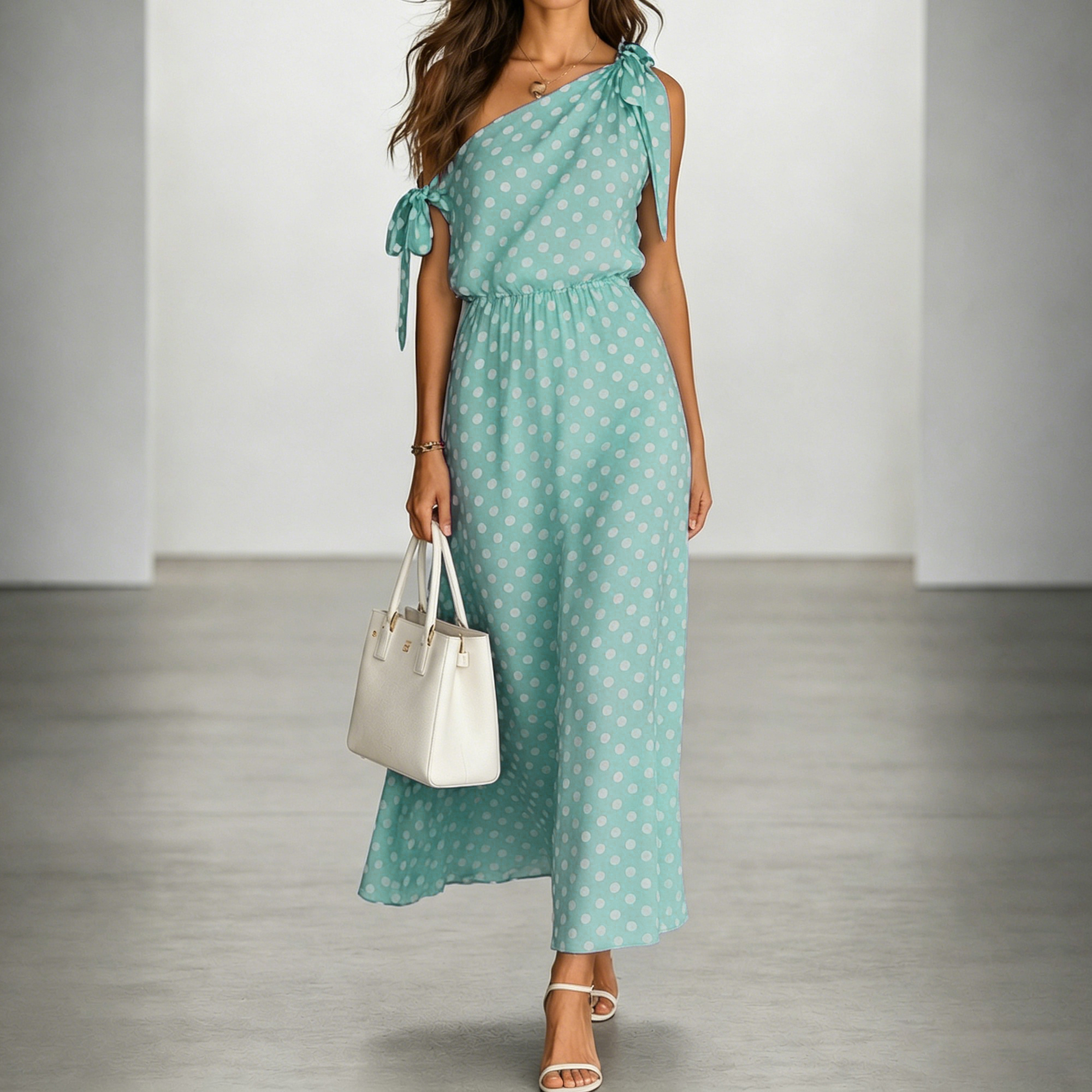Elegant Off-shoulder Sleeveless Polka Dot Maxi Dress