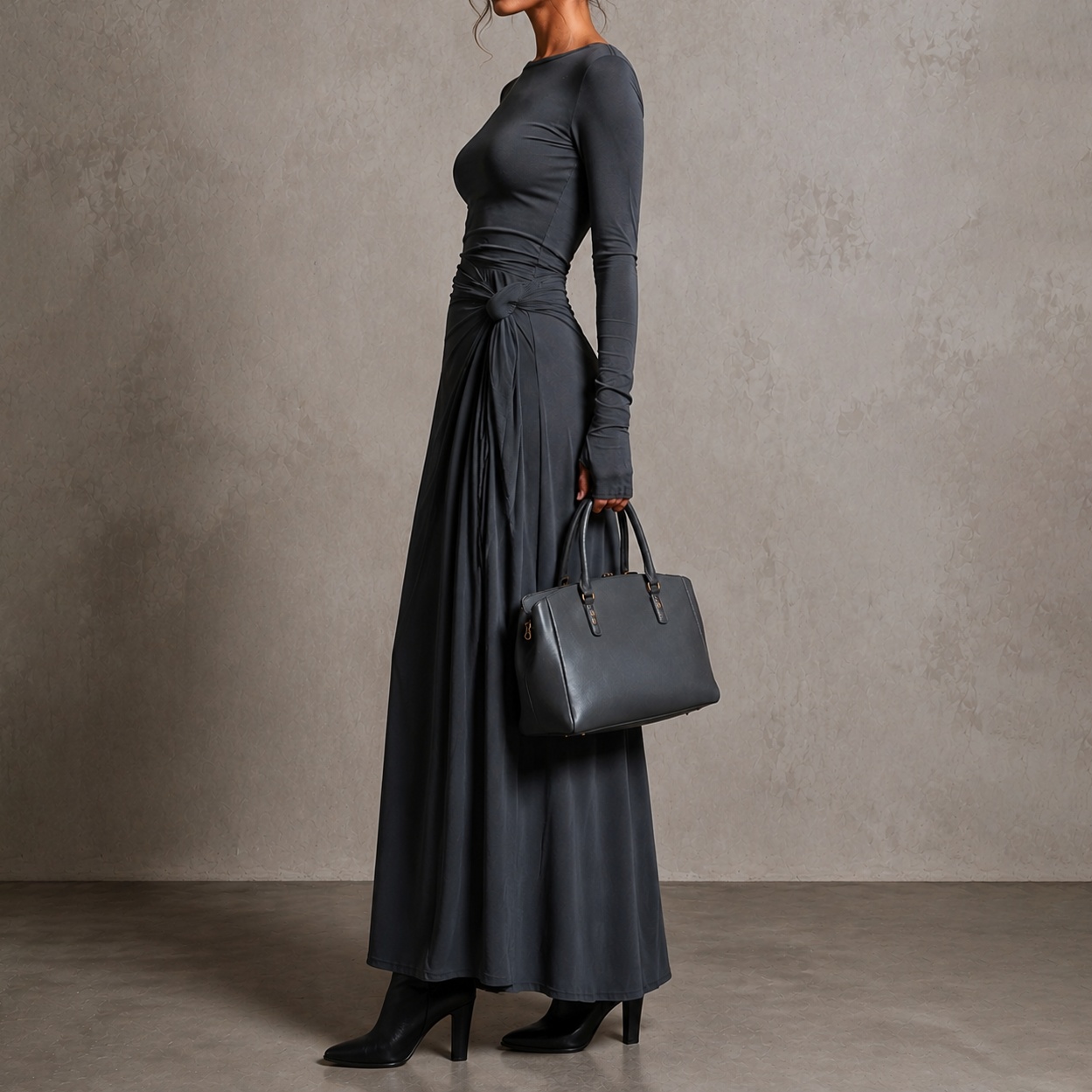 Elegant Solid Color Stretch Fabric Long Sleeve Maxi Dress