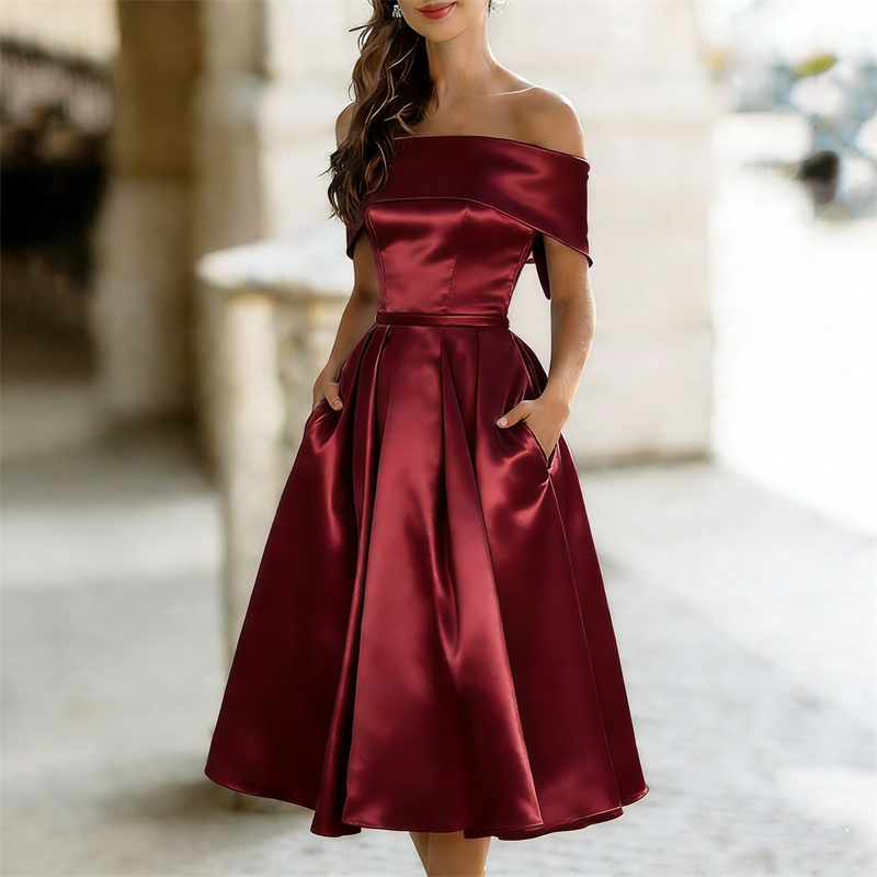Classy Off Shoulderwide Skirted Satin Maxi Dress