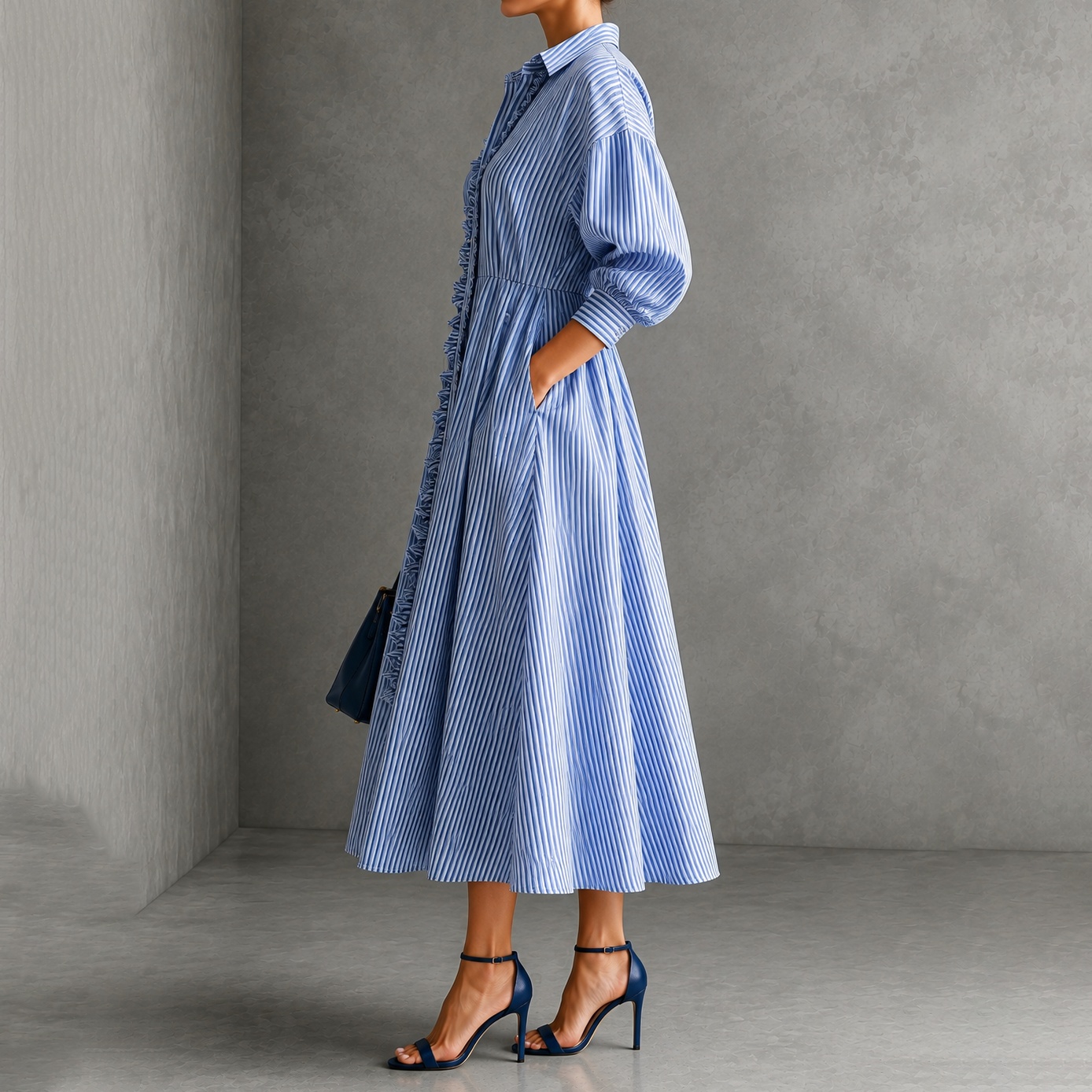 Turn-down Collar Ruffled Trim Striped Lantern Sleeves Maxi Dress