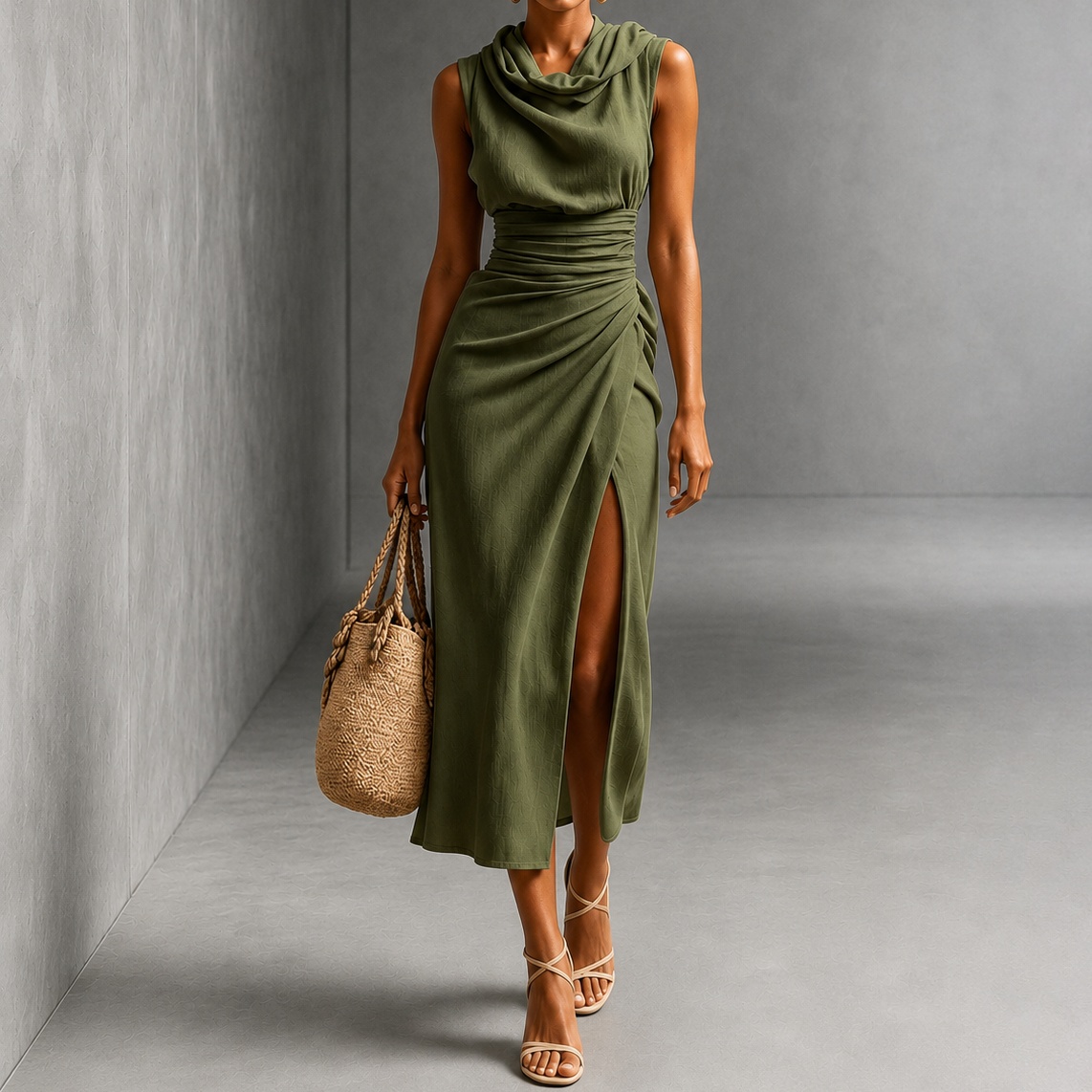 Elegant Sleeveless Turtleneck With Pleats And Slits Maxi Dress