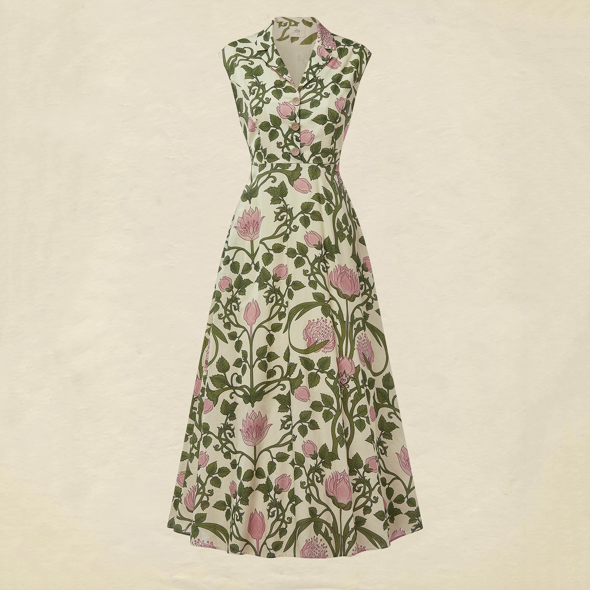 Vintage Shawl Collar Cap Sleeves Floral Print Linen Dress