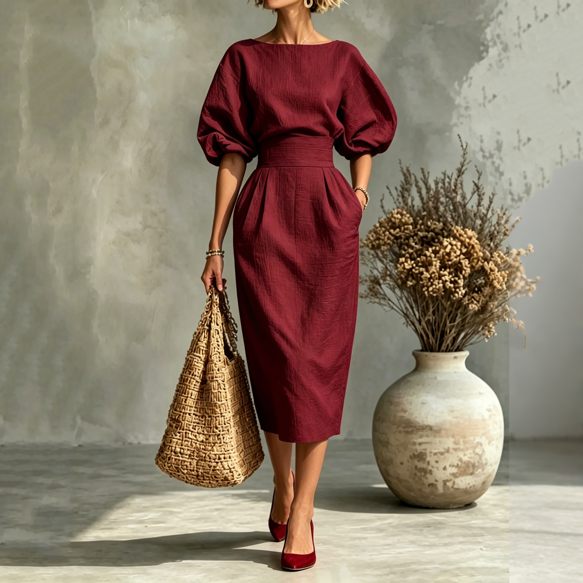 Elegant Pleated Waist Boat Neck A-line Skirt With Puff Sleeves Max Dress