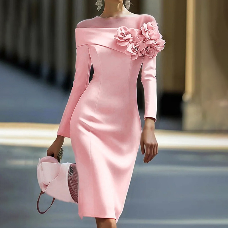 Elegant Round Neck Three Dimensional Flower Decorated Midi Dress