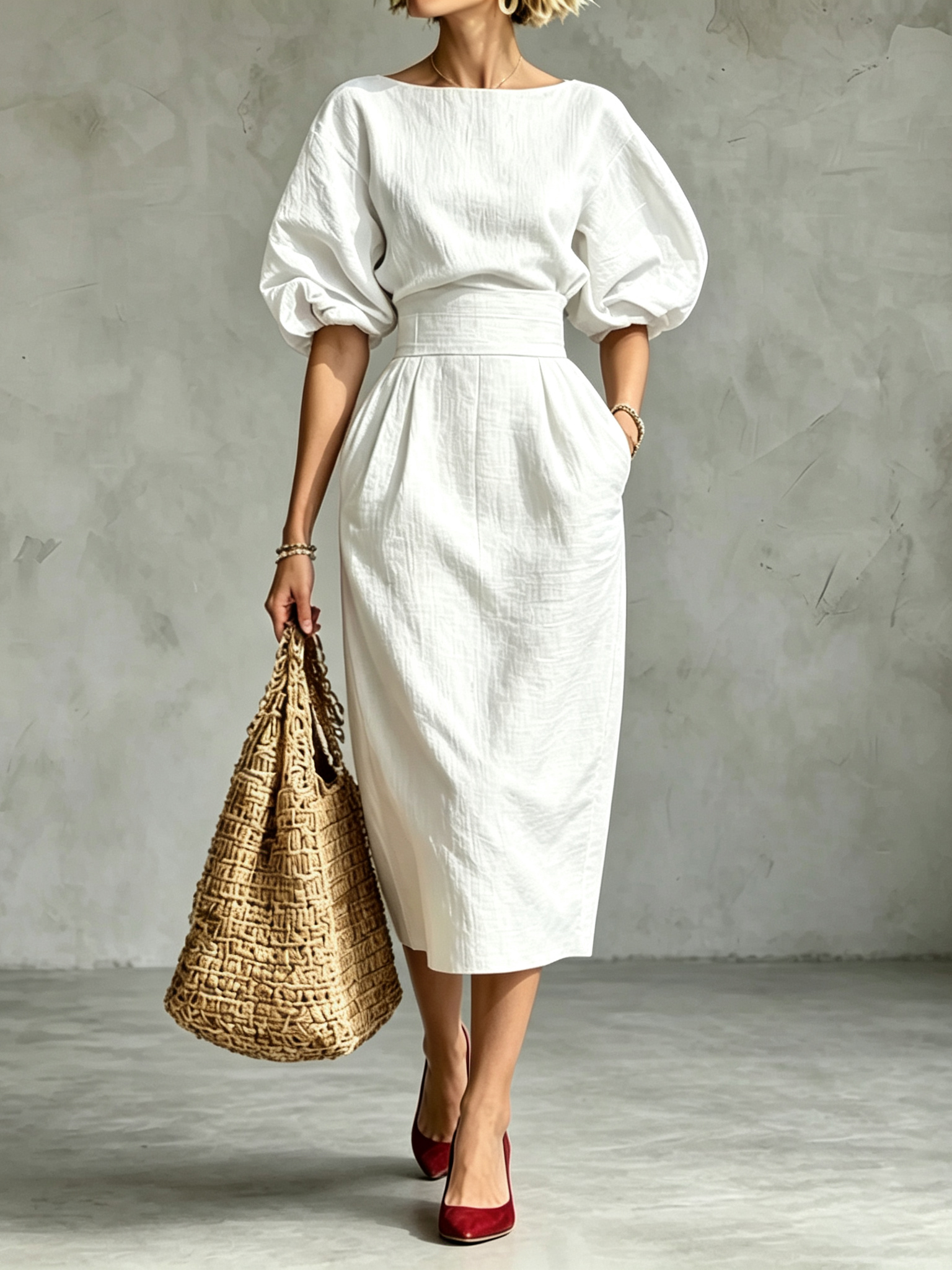 Elegant Pleated Waist Boat Neck A-line Skirt With Puff Sleeves Max Dress