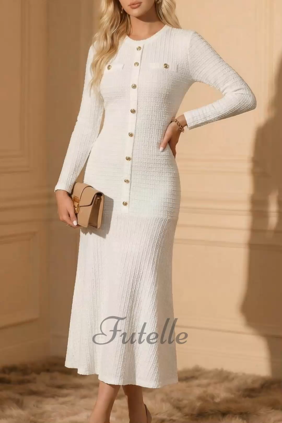 Women's Elegant Style Button Long Sleeve Solid Color Dress