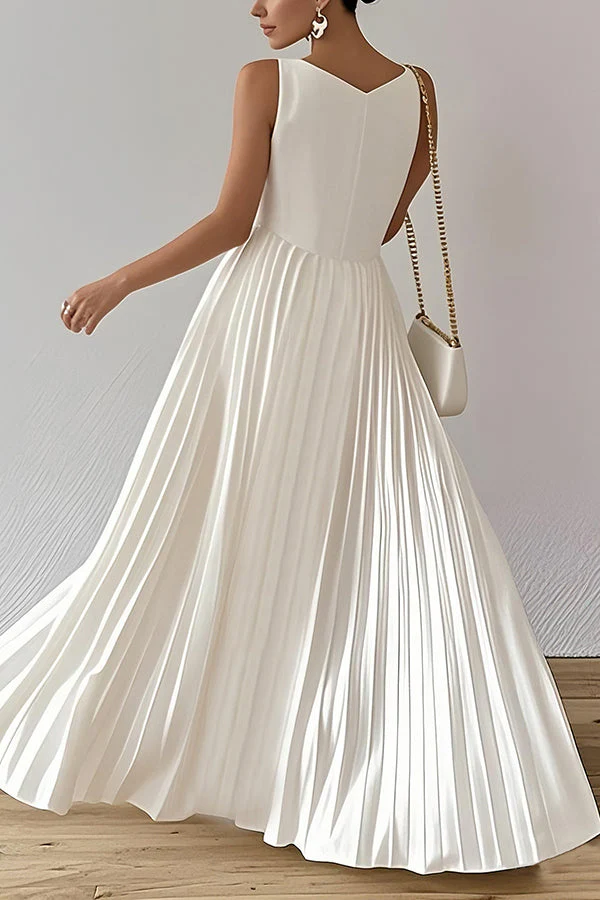 Elegant White Satin Pleated Maxi Dress