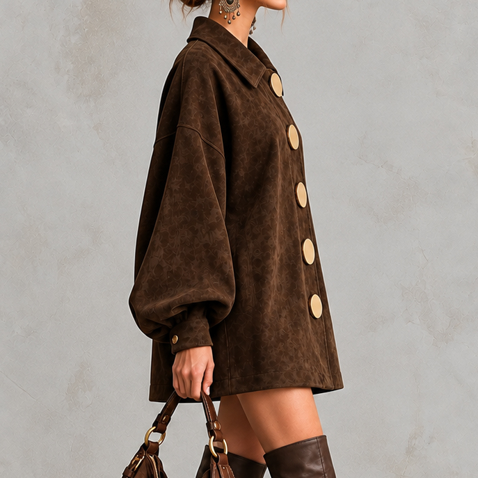 Dropped-shoulder Sleeves Lapel Suede Mini Dress