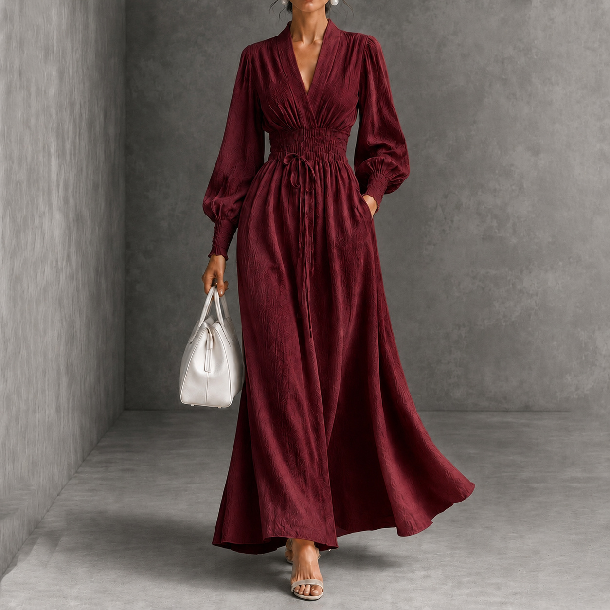 Elegance V-neck Belted Waist Long Sleevess Maxi Dress