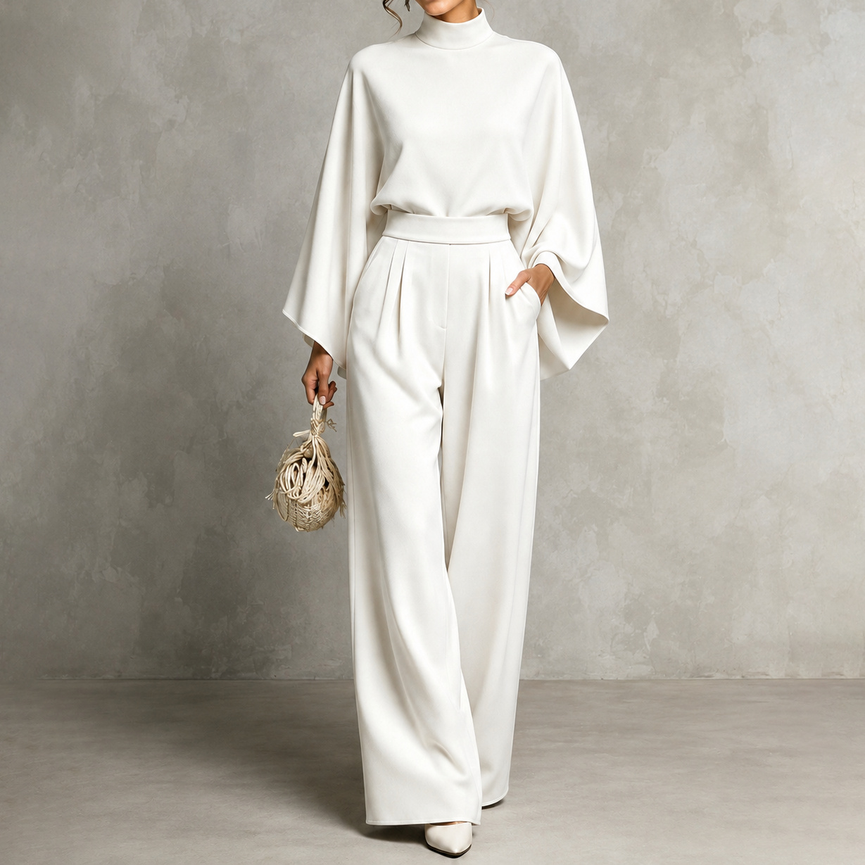 Elegance Solid Color Turtleneck Top + Loose Wide-leg Pants Two-piece Set