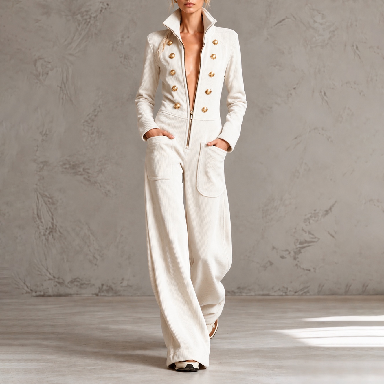 Stand Collar Front Zipper Corduroy Wide-leg Jumpsuit 
