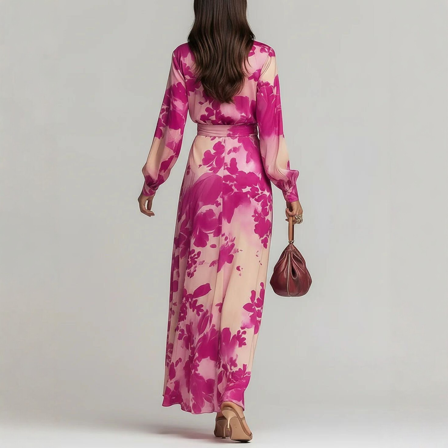Elegant Printed Chiffon Long-sleeved V-neck Tie Dress