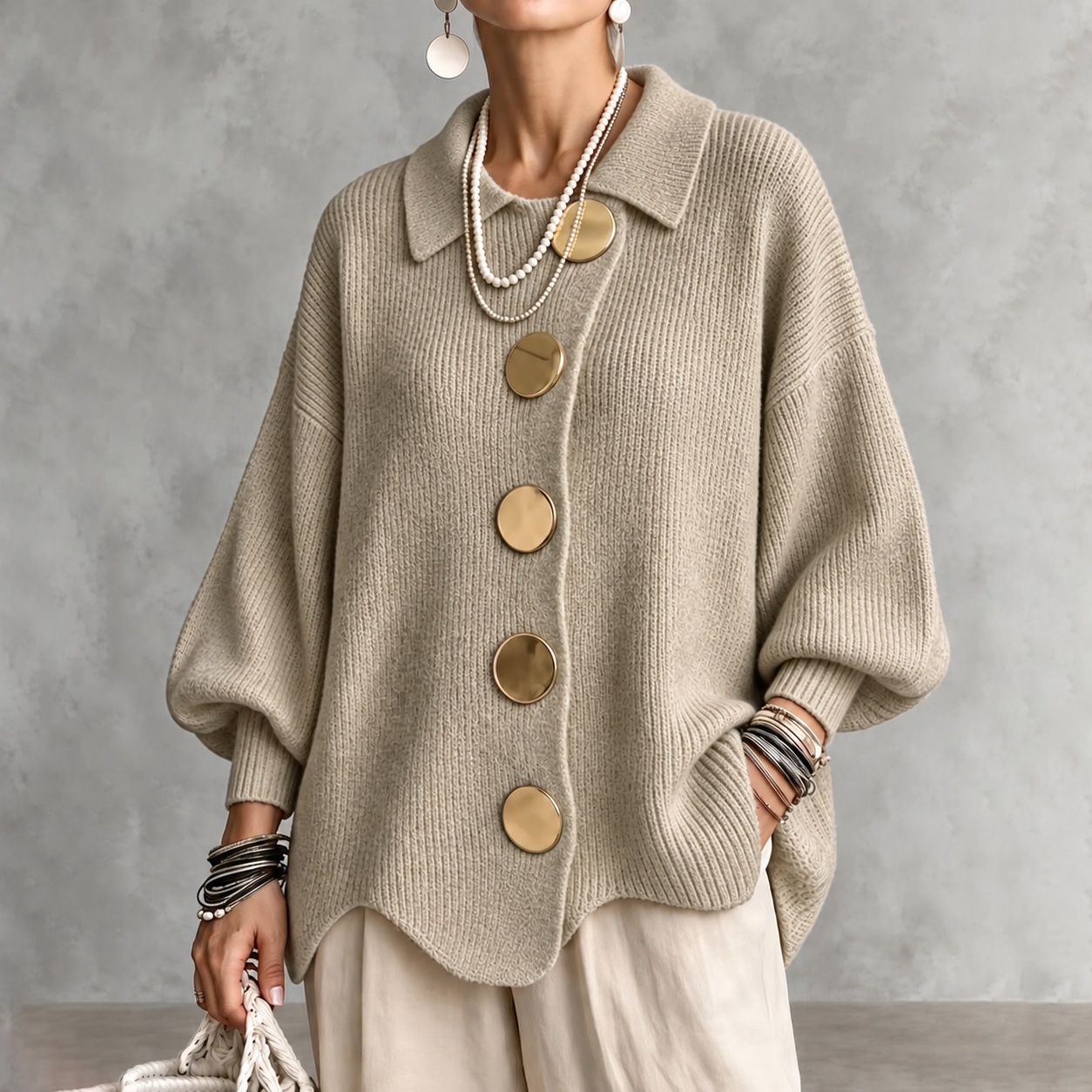 Elegant Collared Button-up Knit Cardigan