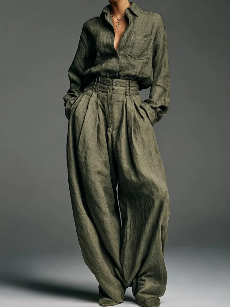 Vintage Classy Blouse & Trousers Linen Two Piece Set