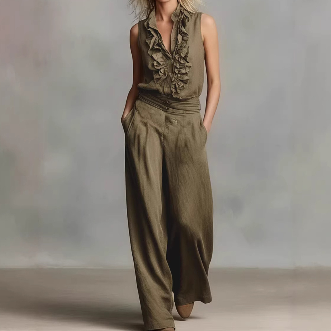 Simple Linen Blend Sleeveless Shirt And Wide-leg Pants Set