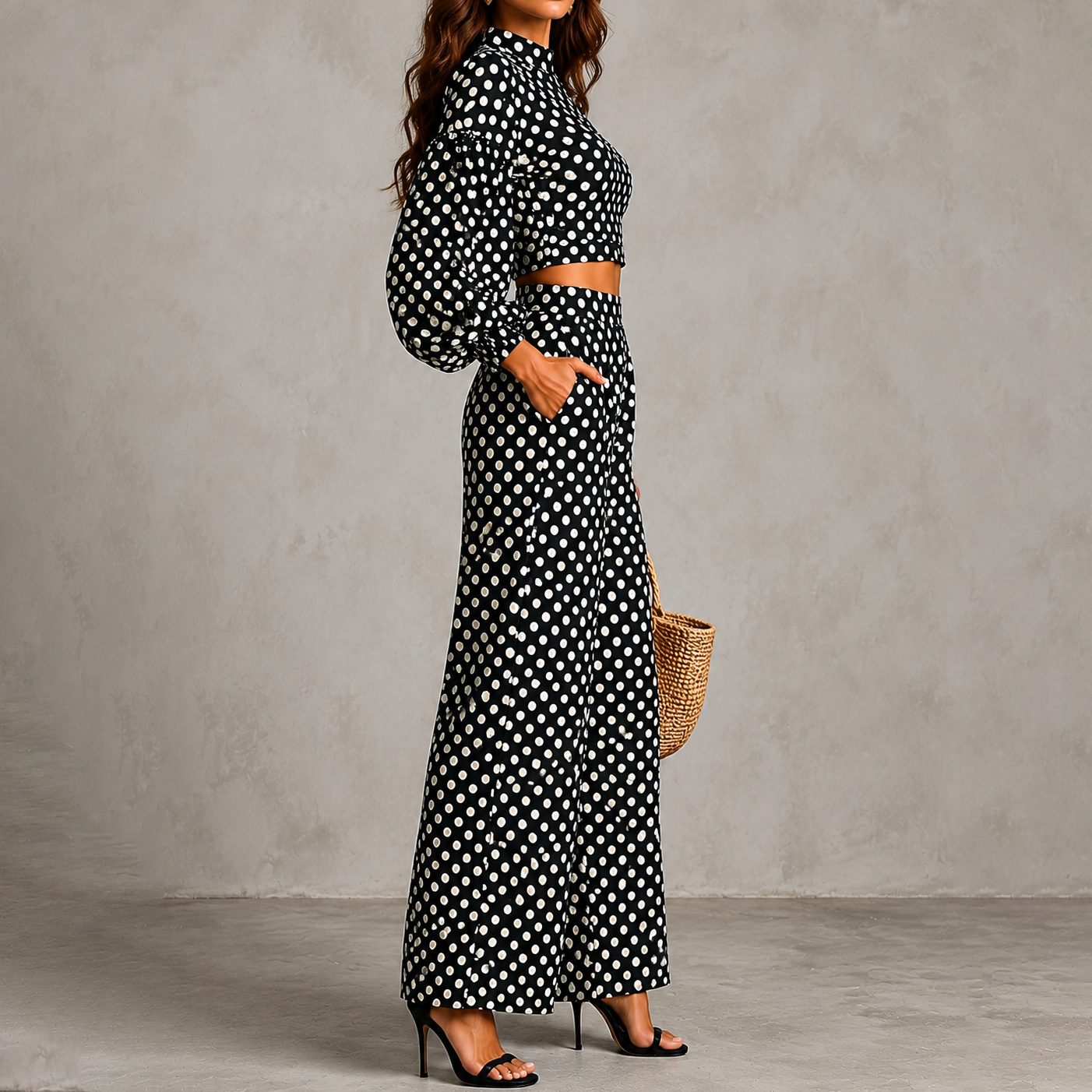 Polka Dot Lantern Sleeve Top And Wide-leg Pants Two-piece Set