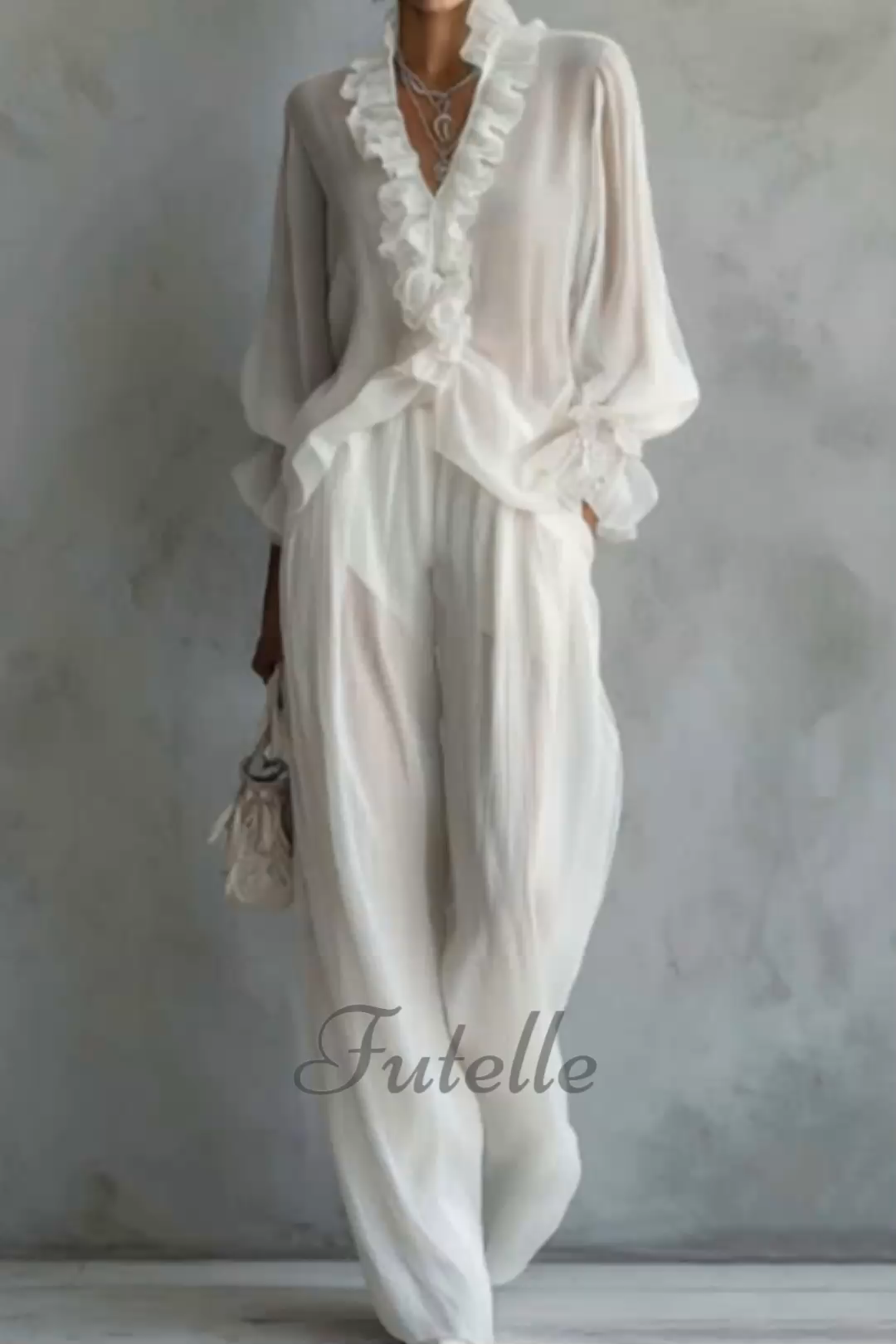 Elegant Lace Long-sleeved Shirt And Wide-leg Pants Set