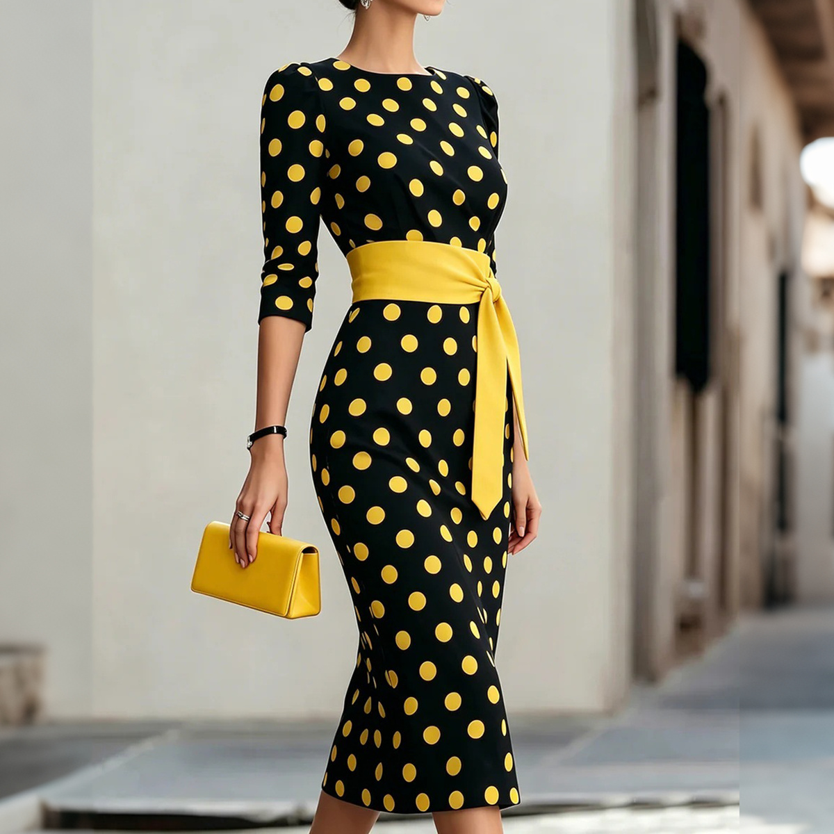 Retro Polka Dot Lace Up Waist Slim Fit Midi Dress