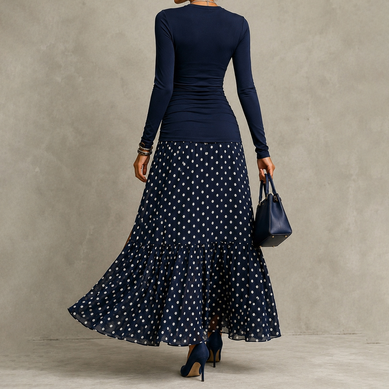 Elegant Long Sleeve Polka Dot Slit Maxi Dress
