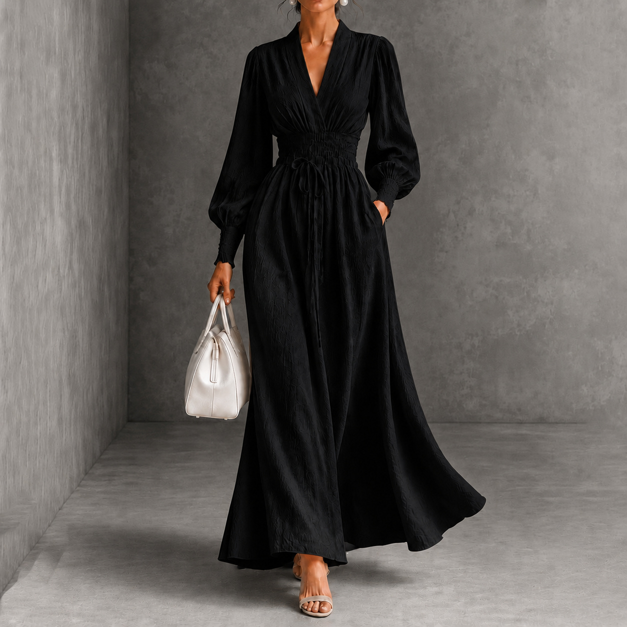 Elegance V-neck Belted Waist Long Sleevess Maxi Dress