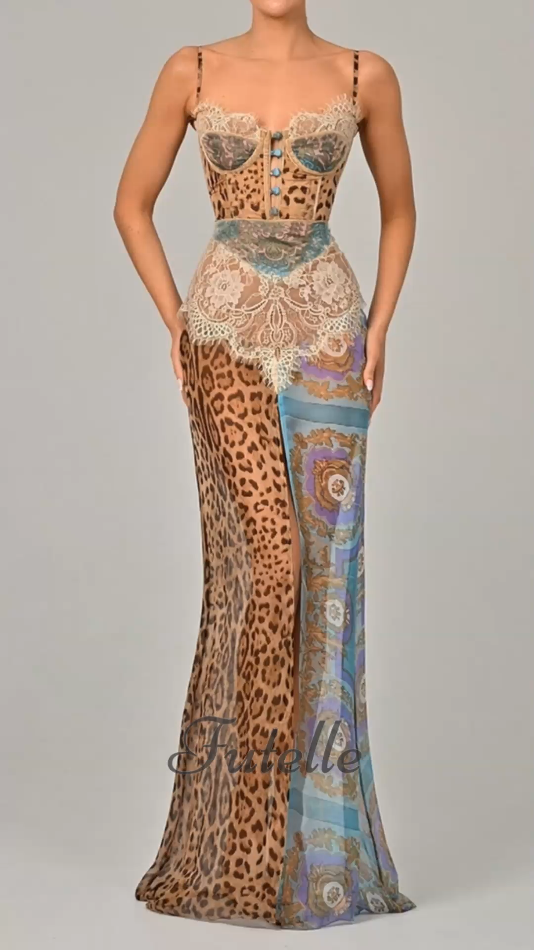 Women's Leopard Print Floral Print Patchwork Slit Dress