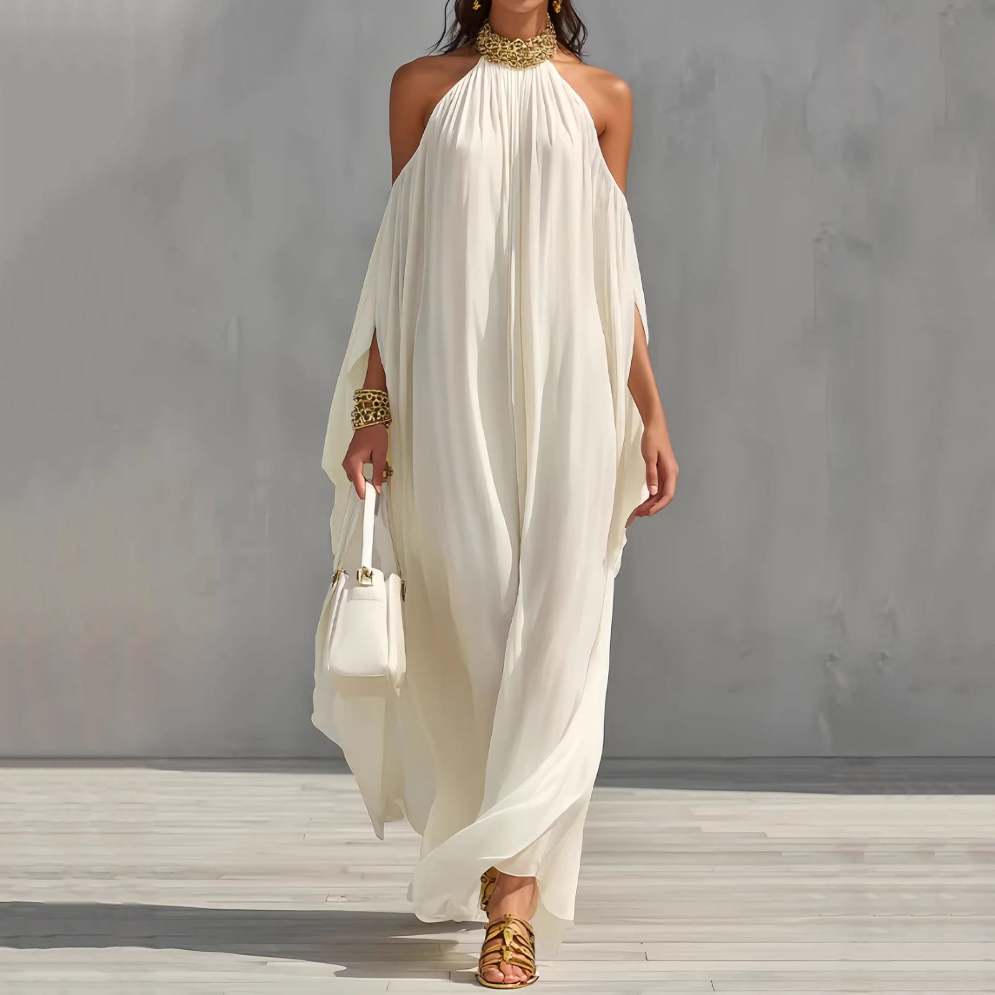 Fashion Chiffon Metal Halter Neck Off-shoulder Elegant Loose-fitting Maxi Dress