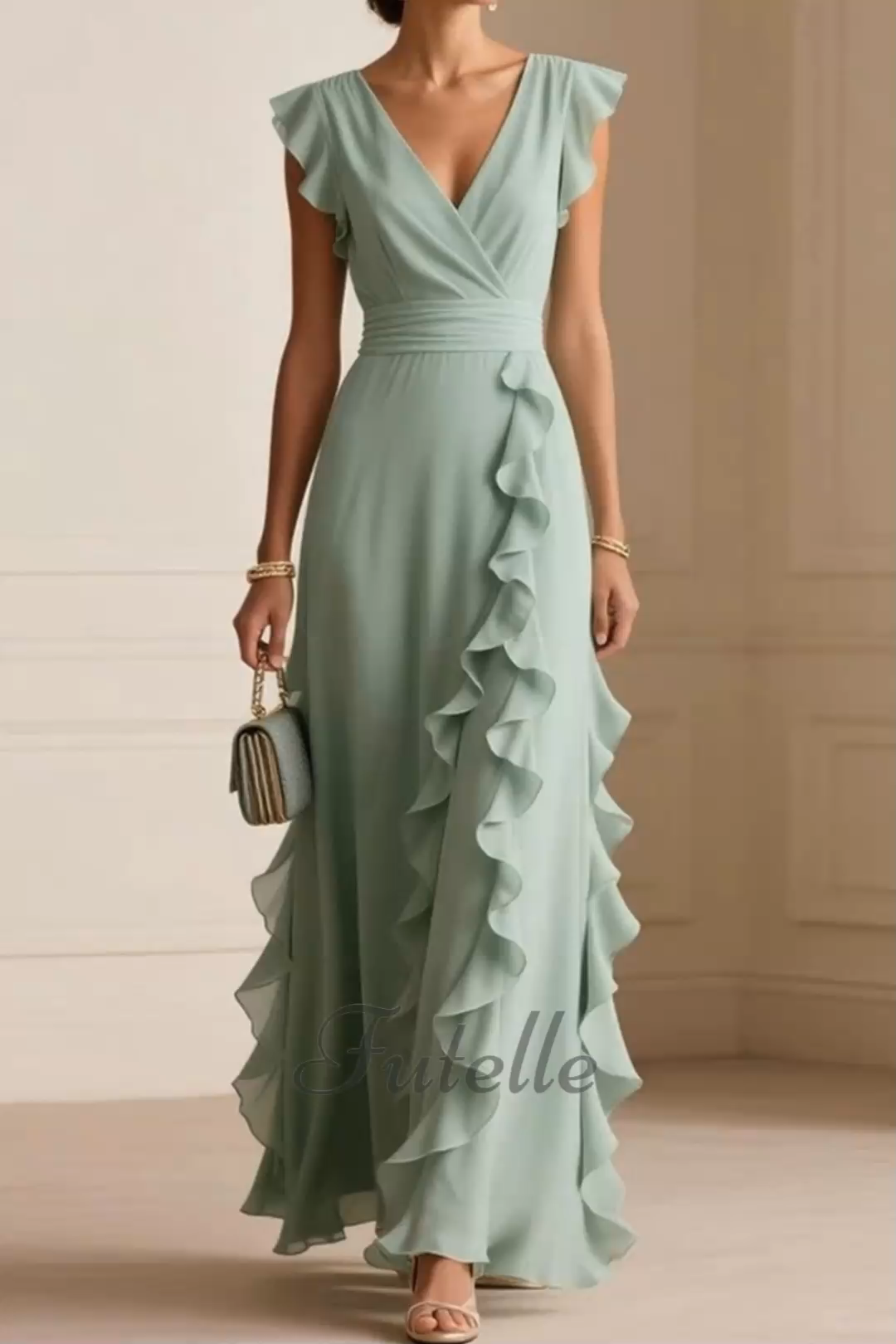 Solid Color Pleated Ruffles V-neck Maxi Dress
