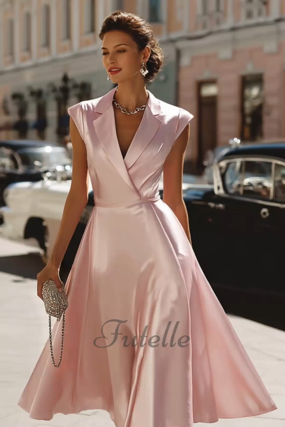 Elegant Pink Satin V Neck Flowy Maxi Dress