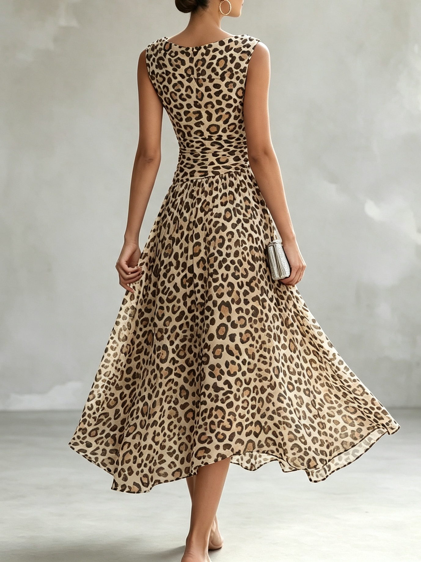 Retro French Sleeveless Pile Collar Waist Leopard Print Dress