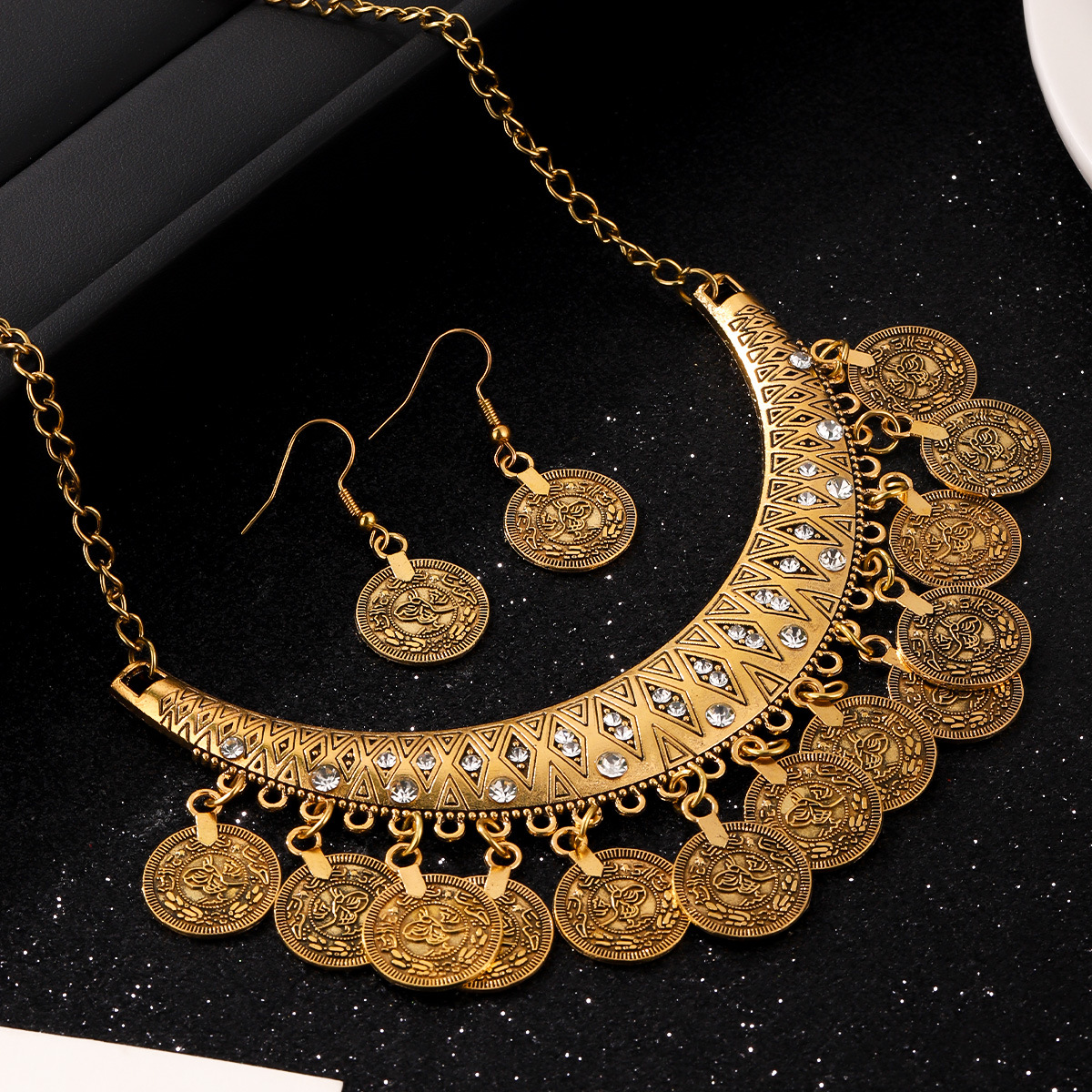 2pcs/set Vintage-style Rhinestone Coin Earrings And Coin Tassel Necklace Jewelry Set