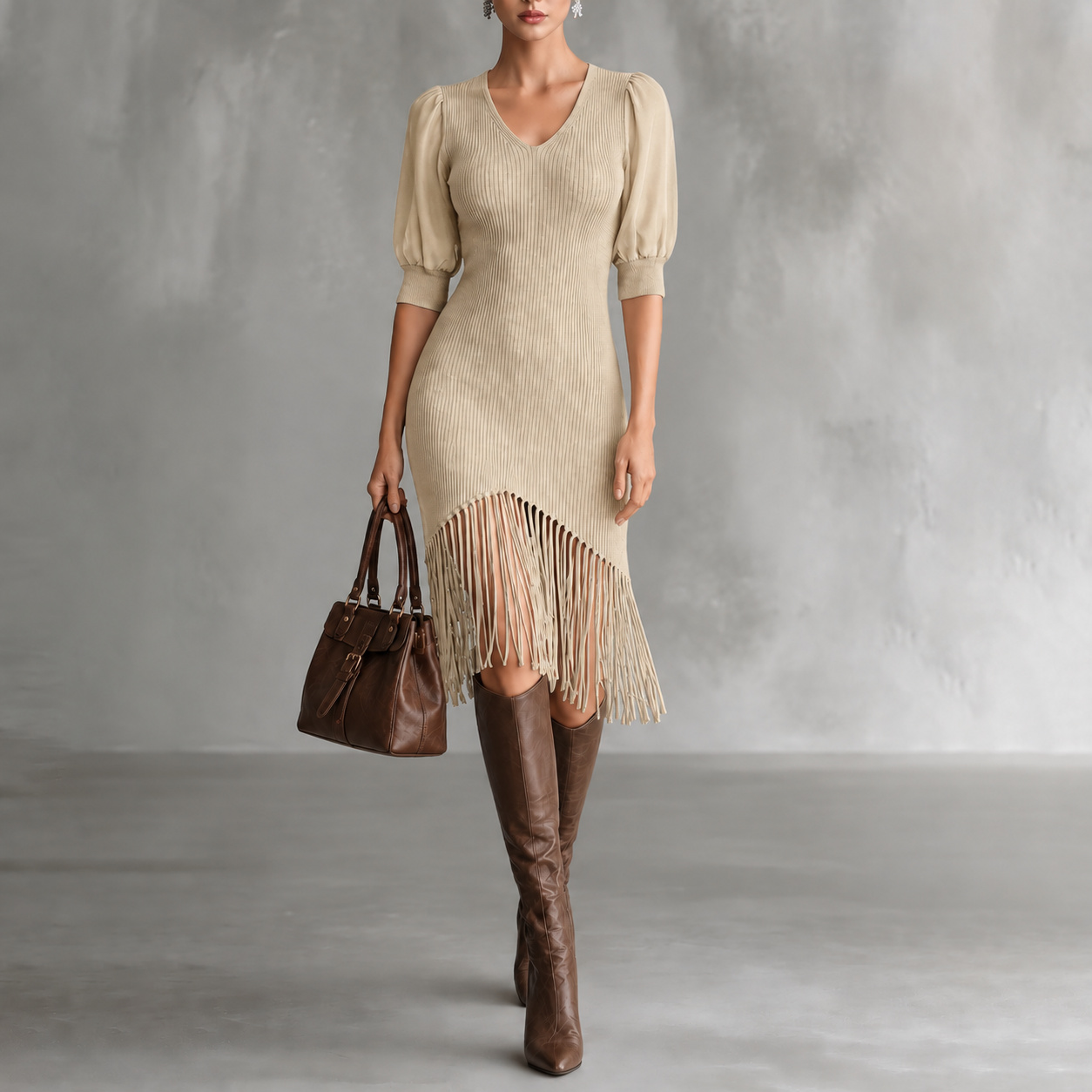 Retro Solid-color Knit Fringed Hem Midi Dress
